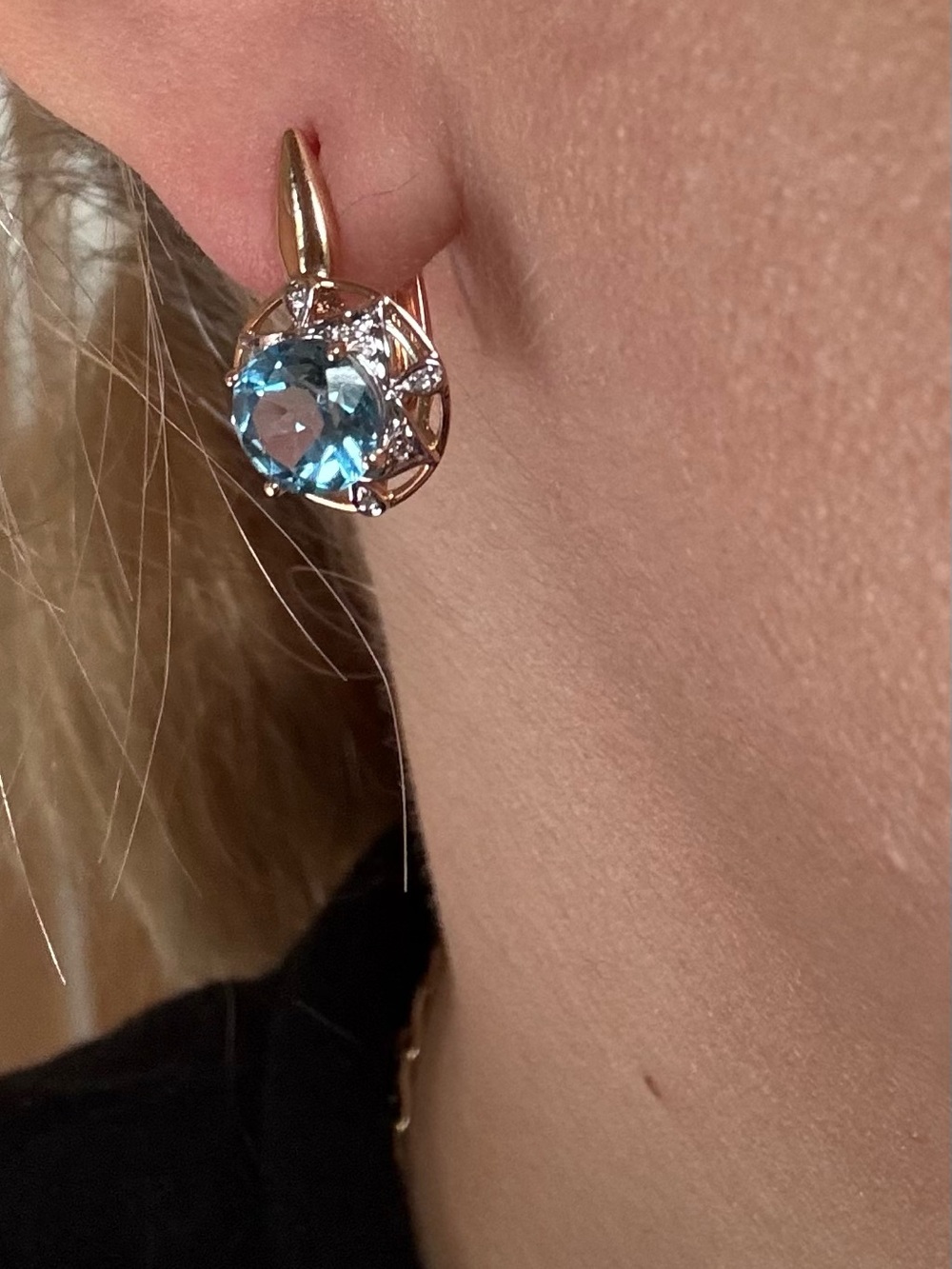 14K 585 Rose Gold Blue Topaz & Diamond Earrings - Picture 7 of 16